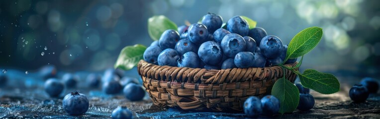 Wall Mural - Summer Blueberries: Closeup of Ripe Fruits and Leaves in Wooden Basket on Dark Table - Food Photography