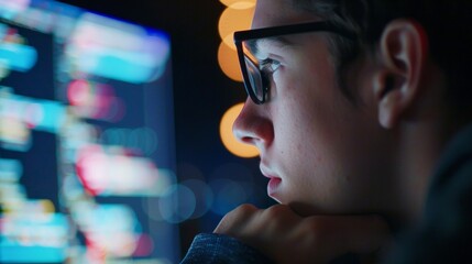 A profile shot of a person staring intently at a computer screen their thoughtful expression conveying their deep understanding and mastery of complex coding languages and software .