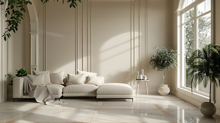Wall Mural - Contemporary classic white beige interior with furniture and decor, 3d render illustration mockup