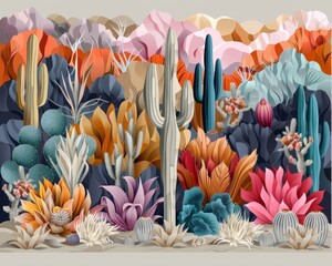 Wall Mural - Stylized Botanical Illustration of a Diverse Desert Ecosystem with Rich Textures and a Palette of Warm Colors