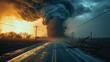 furious gigantic tornado in the middle of the road, natural disaster, angry mother earth, climate change