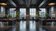 © Wardx - Front view of an office interior with a row of dark wood tables standing under large windows, Massive ceiling lamps, Computers, 3d rendering