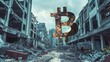 Decentralized future: Bitcoin symbol shines on reclaimed buildings in a post-apocalyptic world..