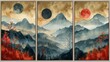 Modern set of mountain and botanical wall art with earth tones and moon and sun. Ideal for prints, covers, wallpapers, and natural wall art.