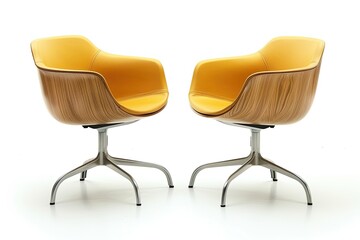 Two Yellow Modern Wooden Chair Face To Face With Outer Silver Steel Legs Isolated On White Background 