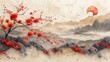 Modern luxury Oriental style background modern. Japanese, Chinese oriental line art with red flower and golden texture. Natural wall art for print and interior decoration.