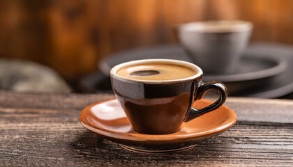 Wall Mural - An ambertinted cup of coffee rests on a saucer, placed on a wooden table. This macro photography captures the heat of the event through dishware and serveware