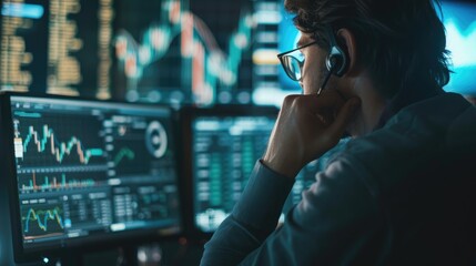 Poster - stock trader analyzes market data on their computer, equipped with the tools and knowledge to navigate the complexities of stock trading.