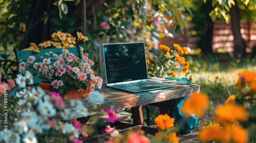 computer set up on a garden bench, enabling remote work surrounded by ...