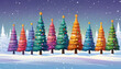 Illustration of row of colorful christmas trees in snowy forest