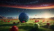 Gravity-Defying Berry Spheres in Surreal Landscape at Twilight