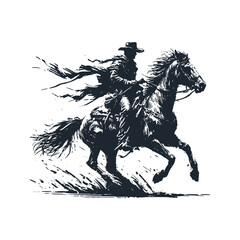 Wall Mural - The cowboy with his horse. Black White vector Illustration.	