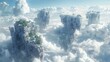 Ethereal floating islands with lush greenery amidst a serene cloudscape under a bright sky. Created with Generative AI.