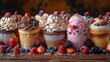 Assorted cupcakes and a berry-topped ice cream cone on a wooden table surrounded by fresh berries. Created with Generative AI.