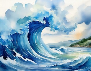 Wall Mural - stunning watercolor painting showcasing an electric blue wave against a white background, evoking th