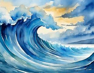 stunning watercolor painting showcasing an electric blue wave against a white background, evoking the beauty of a natural landscape with cumulus clouds and a windy sky