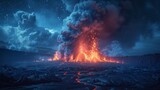 Fototapeta  - Erupting volcano at night with lava flows and ash clouds under a starry sky. Created with Generative AI.