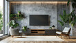 © Wardx - Mockup a cabinet TV wall mounted with armchair in living room with a white cement wall3d rendering