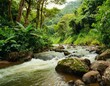 river flowing amidst a vibrant green jungle landscape, with rocks and trees lining its banks, showcasing the beauty of natures fluvial landforms and terrestrial plants