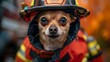 Tiny Hero: Brave Chihuahua Dressed as a Firefighter. Concept Pet Costume Ideas, Chihuahua Fashion, Firefighter Theme, Heroic Pets, Adorable Outfits