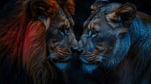 Lion And Lioness In Mood For Love Close Up. Lion Couple Face To Face
