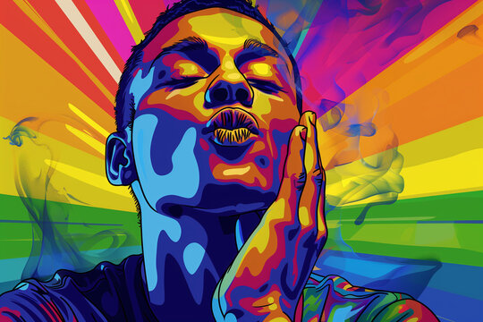 Man blowing a kiss on a background of gay pride colors, showcasing artistic expression and celebration of love in the LGBTQ+ community