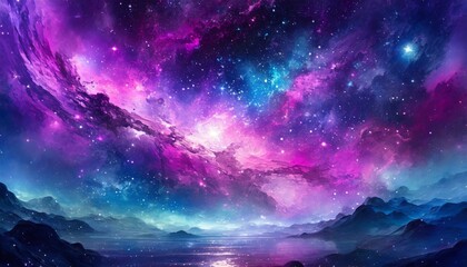 Wall Mural - the sky resembles a galaxy with a myriad of purple, violet, and electric blue stars. its a beautiful