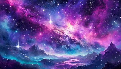 Wall Mural - the sky resembles a galaxy with a myriad of purple, violet, and electric blue stars. its a beautiful