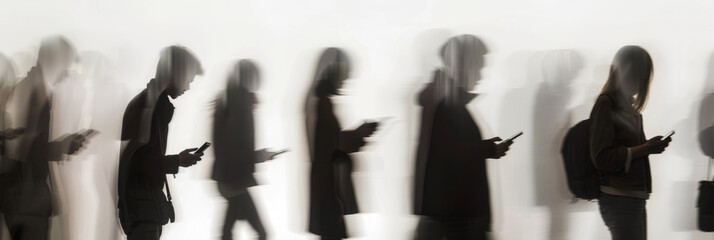 a long exposure photograph of multiple people looking at their smartphones, motion blur