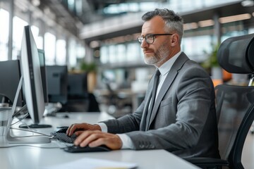 Poster - A well-dressed corporate individual is engaged in work on a computer in a well-lit, contemporary office setting
