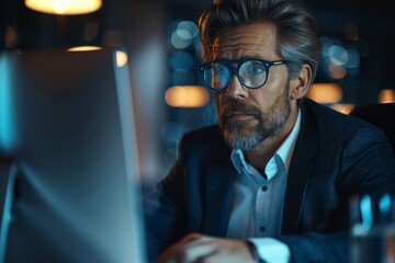 Poster - A dedicated professional working on a computer in a dark office room, deeply concentrating on his work The image captures a sense of dedication and focus
