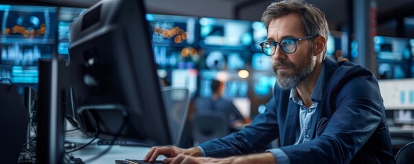 Poster - A man is intently using a computer in a high-tech office environment with multiple screens and a dark ambiance