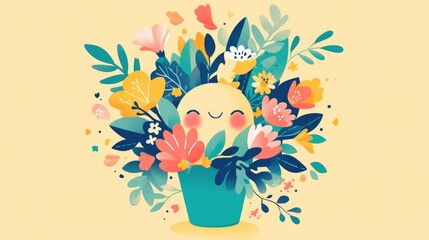 Wall Mural - A whimsical and adorable flower design featuring a houseplant sporting a delightful little face This charming and playful illustration boasts vivid colors and a fun flat 2d style
