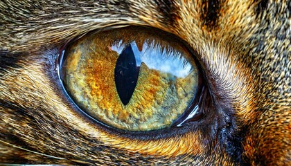 close up of a cats eye showcasing its unique iris pattern, whiskers, and fluffy fur. the detailed ma