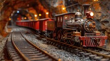 Detailed Miniature Steam Locomotive Traversing Through Illuminated Cave Tunnel
