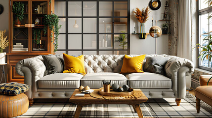 the stylish boho compostion at living room interior with design gray sofa, wooden coffee table, comm