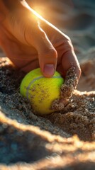 Sticker - A person holding a tennis ball in the sand on top of some beach. Generative AI.