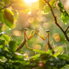 Poster - Two mantiscees are making a heart shape with their antennae. Generative AI.