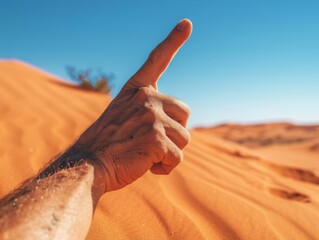 Canvas Print - A man pointing at something in the desert with his thumb. Generative AI.