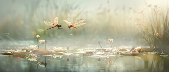 Canvas Print - Two dragonflies are flying over a pond with lily pads. Generative AI.