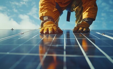 Wall Mural - Worker installing solar panels. Renewable energy