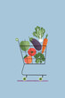 © Yaroslav Danylchenko/Stocksy - Illustration of trolley with vegetables and fruits on blue background