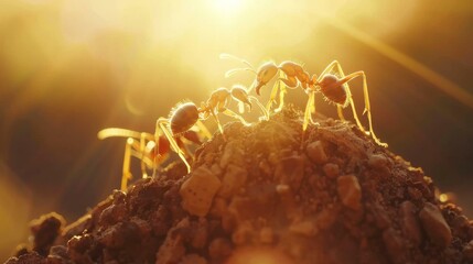 Canvas Print - Two ants are standing on top of a pile of dirt. Generative AI.