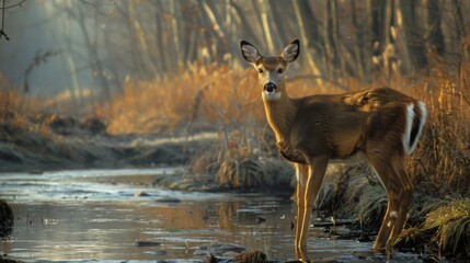 Wall Mural - A deer standing in a stream of water next to some trees. Generative AI.