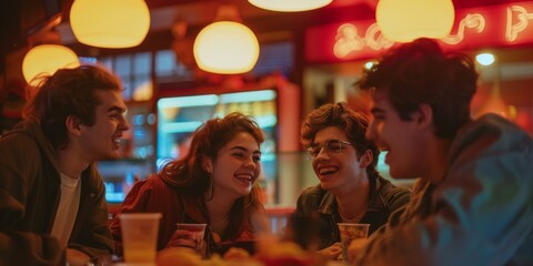 Wall Mural - A group of friends sitting at a table in front of the bar. Generative AI.