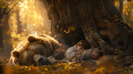 Canvas Print - a bear and a child sleeping under the tree in autumn. generative ai.