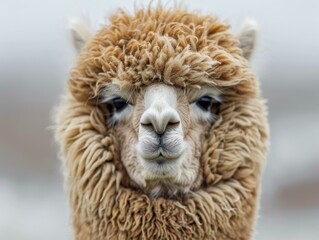 Wall Mural - A close up of a llama with its face covered in fur. Generative AI.