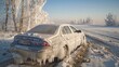 A car covered in ice on a snowy road. Generative AI.