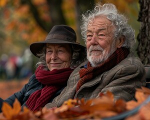 Wall Mural - A couple of an older man and woman sitting on a bench. Generative AI.