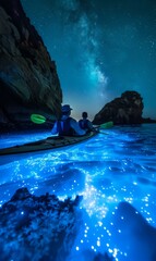 Poster - Two people in a canoe on the water at night. Generative AI.